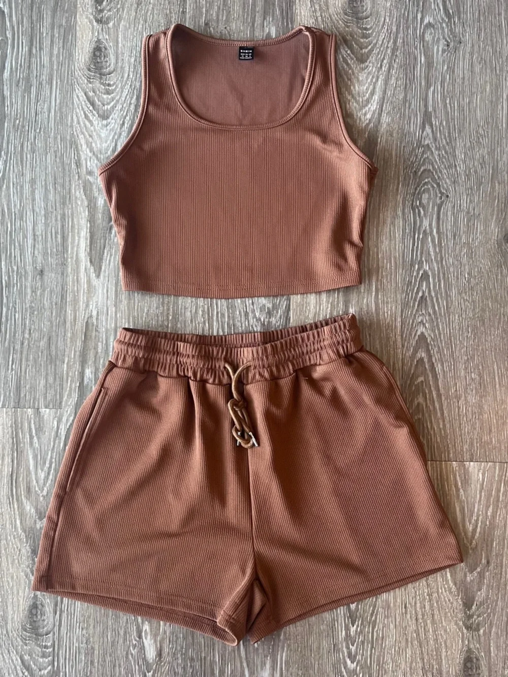 Ribbed Crop Tank & High-Waist Shorts Set - Brown